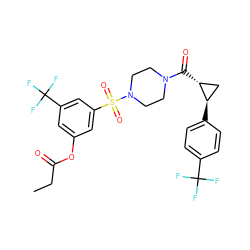 CCC(=O)Oc1cc(C(F)(F)F)cc(S(=O)(=O)N2CCN(C(=O)[C@@H]3C[C@H]3c3ccc(C(F)(F)F)cc3)CC2)c1 ZINC000049877571