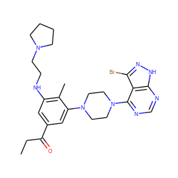 CCC(=O)c1cc(NCCN2CCCC2)c(C)c(N2CCN(c3ncnc4[nH]nc(Br)c34)CC2)c1 ZINC000084596941