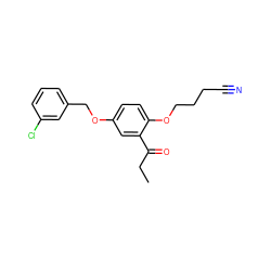 CCC(=O)c1cc(OCc2cccc(Cl)c2)ccc1OCCCC#N ZINC000028223809