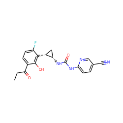 CCC(=O)c1ccc(F)c([C@@H]2C[C@@H]2NC(=O)Nc2ccc(C#N)cn2)c1O ZINC000003941595