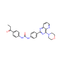 CCC(=O)c1ccc(NC(=O)Nc2ccc(-c3nc(N4CCOCC4)c4ncccc4n3)cc2)cc1 ZINC001772585124