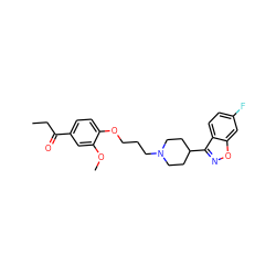 CCC(=O)c1ccc(OCCCN2CCC(c3noc4cc(F)ccc34)CC2)c(OC)c1 ZINC000013740859