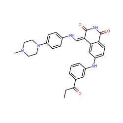 CCC(=O)c1cccc(Nc2ccc3c(c2)/C(=C/Nc2ccc(N4CCN(C)CC4)cc2)C(=O)NC3=O)c1 ZINC000045336338
