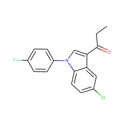 CCC(=O)c1cn(-c2ccc(F)cc2)c2ccc(Cl)cc12 ZINC000013489978