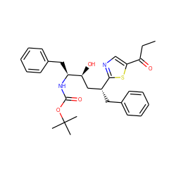 CCC(=O)c1cnc([C@H](Cc2ccccc2)C[C@H](O)[C@H](Cc2ccccc2)NC(=O)OC(C)(C)C)s1 ZINC000026489669