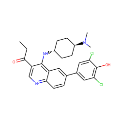 CCC(=O)c1cnc2ccc(-c3cc(Cl)c(O)c(Cl)c3)cc2c1N[C@H]1CC[C@H](N(C)C)CC1 ZINC000473179109