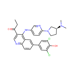 CCC(=O)c1cnc2ccc(-c3cc(Cl)c(O)c(Cl)c3)cc2c1Nc1ccc(N2CC[C@H](N(C)C)C2)nc1 ZINC000219396150