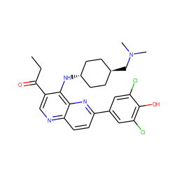 CCC(=O)c1cnc2ccc(-c3cc(Cl)c(O)c(Cl)c3)nc2c1N[C@H]1CC[C@H](CN(C)C)CC1 ZINC000473194498