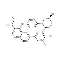 CCC(=O)c1cnc2ccc(-c3cc(Cl)c(O)c(Cl)c3)nc2c1Nc1ccc(N2CCC[C@H](N)C2)nc1 ZINC000473194435