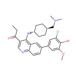 CCC(=O)c1cnc2ccc(-c3cc(Cl)c(O)c(OC)c3)cc2c1N[C@H]1CC[C@H](CN(C)C)CC1 ZINC000473164951