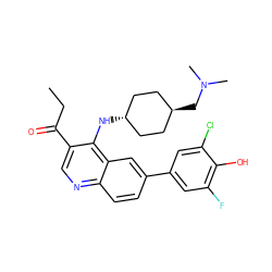 CCC(=O)c1cnc2ccc(-c3cc(F)c(O)c(Cl)c3)cc2c1N[C@H]1CC[C@H](CN(C)C)CC1 ZINC000473165296