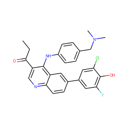 CCC(=O)c1cnc2ccc(-c3cc(F)c(O)c(Cl)c3)cc2c1Nc1ccc(CN(C)C)cc1 ZINC000215727684