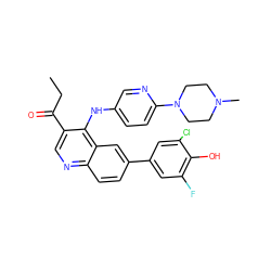 CCC(=O)c1cnc2ccc(-c3cc(F)c(O)c(Cl)c3)cc2c1Nc1ccc(N2CCN(C)CC2)nc1 ZINC000203987772