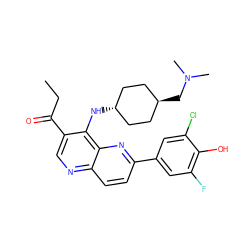 CCC(=O)c1cnc2ccc(-c3cc(F)c(O)c(Cl)c3)nc2c1N[C@H]1CC[C@H](CN(C)C)CC1 ZINC000473164888