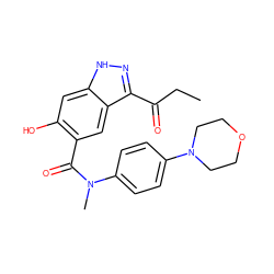 CCC(=O)c1n[nH]c2cc(O)c(C(=O)N(C)c3ccc(N4CCOCC4)cc3)cc12 ZINC001772639873