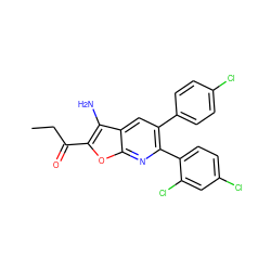 CCC(=O)c1oc2nc(-c3ccc(Cl)cc3Cl)c(-c3ccc(Cl)cc3)cc2c1N ZINC000038841012