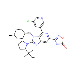 CCC(C)(C)[C@@H]1CCCN1c1nc2cc(-c3noc(=O)[nH]3)nc(-c3cncc(Cl)c3)c2n1C[C@H]1CC[C@H](C)CC1 ZINC000261124450