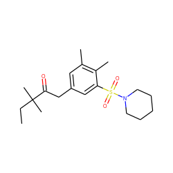 CCC(C)(C)C(=O)Cc1cc(C)c(C)c(S(=O)(=O)N2CCCCC2)c1 ZINC000066077448