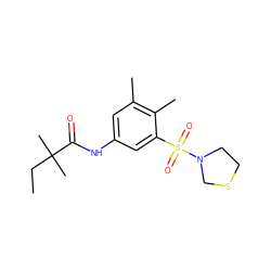 CCC(C)(C)C(=O)Nc1cc(C)c(C)c(S(=O)(=O)N2CCSC2)c1 ZINC000045368035