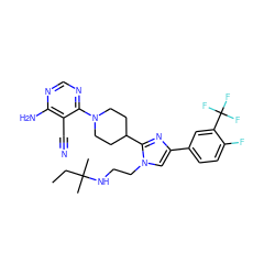 CCC(C)(C)NCCn1cc(-c2ccc(F)c(C(F)(F)F)c2)nc1C1CCN(c2ncnc(N)c2C#N)CC1 ZINC000218716500