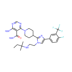 CCC(C)(C)NCCn1cc(-c2ccc(F)c(C(F)(F)F)c2)nc1C1CCN(c2ncnc(N)c2C(N)=O)CC1 ZINC000219771706