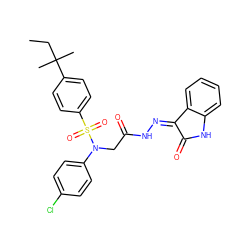 CCC(C)(C)c1ccc(S(=O)(=O)N(CC(=O)N/N=C2\C(=O)Nc3ccccc32)c2ccc(Cl)cc2)cc1 ZINC000028529323