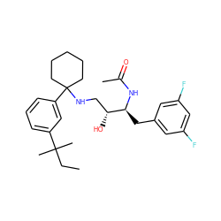 CCC(C)(C)c1cccc(C2(NC[C@@H](O)[C@H](Cc3cc(F)cc(F)c3)NC(C)=O)CCCCC2)c1 ZINC000058538261