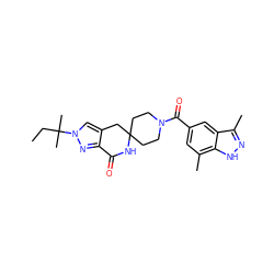 CCC(C)(C)n1cc2c(n1)C(=O)NC1(CCN(C(=O)c3cc(C)c4[nH]nc(C)c4c3)CC1)C2 ZINC000096283398