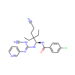 CCC(CC)(CCC#N)[C@@H](NC(=O)c1ccc(Cl)cc1)N/C(=N/c1cccnc1)NC#N ZINC000013588832