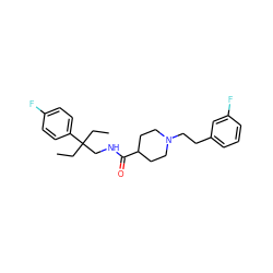 CCC(CC)(CNC(=O)C1CCN(CCc2cccc(F)c2)CC1)c1ccc(F)cc1 ZINC000072113032