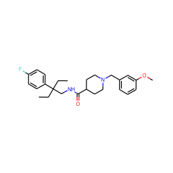 CCC(CC)(CNC(=O)C1CCN(Cc2cccc(OC)c2)CC1)c1ccc(F)cc1 ZINC000072116511