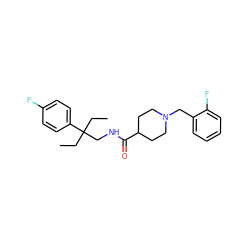 CCC(CC)(CNC(=O)C1CCN(Cc2ccccc2F)CC1)c1ccc(F)cc1 ZINC000072113470