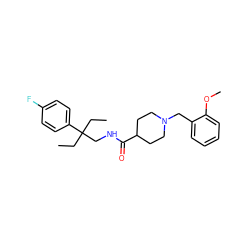 CCC(CC)(CNC(=O)C1CCN(Cc2ccccc2OC)CC1)c1ccc(F)cc1 ZINC000072114738