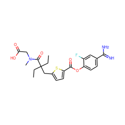 CCC(CC)(Cc1ccc(C(=O)Oc2ccc(C(=N)N)cc2F)s1)C(=O)N(C)CC(=O)O ZINC000217583642