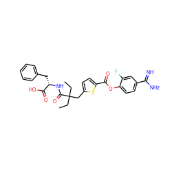 CCC(CC)(Cc1ccc(C(=O)Oc2ccc(C(=N)N)cc2F)s1)C(=O)N[C@@H](Cc1ccccc1)C(=O)O ZINC000261152762