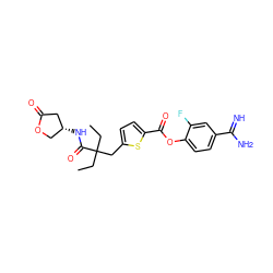 CCC(CC)(Cc1ccc(C(=O)Oc2ccc(C(=N)N)cc2F)s1)C(=O)N[C@@H]1COC(=O)C1 ZINC000261076655