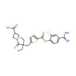 CCC(CC)(Cc1ccc(C(=O)Oc2ccc(C(=N)N)cc2F)s1)C(=O)N1CC(C(=O)O)C1 ZINC001772585634