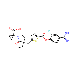 CCC(CC)(Cc1ccc(C(=O)Oc2ccc(C(=N)N)cc2F)s1)C(=O)NC1(C(=O)O)CC1 ZINC000261095896