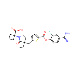 CCC(CC)(Cc1ccc(C(=O)Oc2ccc(C(=N)N)cc2F)s1)C(=O)NC1(C(=O)O)CCC1 ZINC000261117216