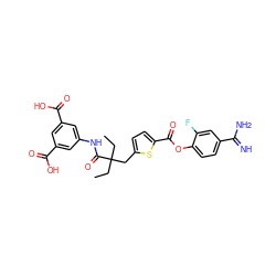 CCC(CC)(Cc1ccc(C(=O)Oc2ccc(C(=N)N)cc2F)s1)C(=O)Nc1cc(C(=O)O)cc(C(=O)O)c1 ZINC000210450852