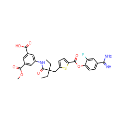 CCC(CC)(Cc1ccc(C(=O)Oc2ccc(C(=N)N)cc2F)s1)C(=O)Nc1cc(C(=O)O)cc(C(=O)OC)c1 ZINC000261150994