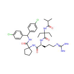 CCC(CC)(NC(=O)C(C)C)C(=O)N[C@@H](CCCN=C(N)N)C(=O)NC1(C(=O)NC(c2ccc(Cl)cc2)c2ccc(Cl)cc2)CCCC1 ZINC000199096559