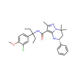 CCC(CC)(NC(=O)c1c(C)nn2c1N[C@@H](c1ccccc1)CC2(C)C)c1ccc(OC)c(Cl)c1 ZINC000066103658