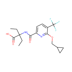 CCC(CC)(NC(=O)c1ccc(C(F)(F)F)c(OCC2CC2)n1)C(=O)O ZINC000150117393