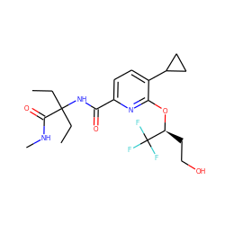 CCC(CC)(NC(=O)c1ccc(C2CC2)c(O[C@@H](CCO)C(F)(F)F)n1)C(=O)NC ZINC000206698181