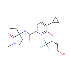 CCC(CC)(NC(=O)c1ccc(C2CC2)c(O[C@H](CCO)C(F)(F)F)n1)C(=O)NC ZINC000206690621