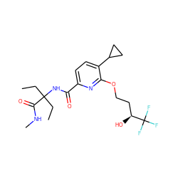 CCC(CC)(NC(=O)c1ccc(C2CC2)c(OCC[C@H](O)C(F)(F)F)n1)C(=O)NC ZINC000206699399