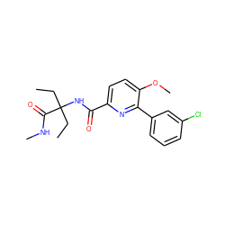 CCC(CC)(NC(=O)c1ccc(OC)c(-c2cccc(Cl)c2)n1)C(=O)NC ZINC000206685075