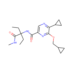 CCC(CC)(NC(=O)c1cnc(C2CC2)c(OCC2CC2)n1)C(=O)NC ZINC000207378470