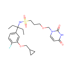 CCC(CC)(NS(=O)(=O)CCCOCn1ccc(=O)[nH]c1=O)c1ccc(F)c(OCC2CC2)c1 ZINC000116099536